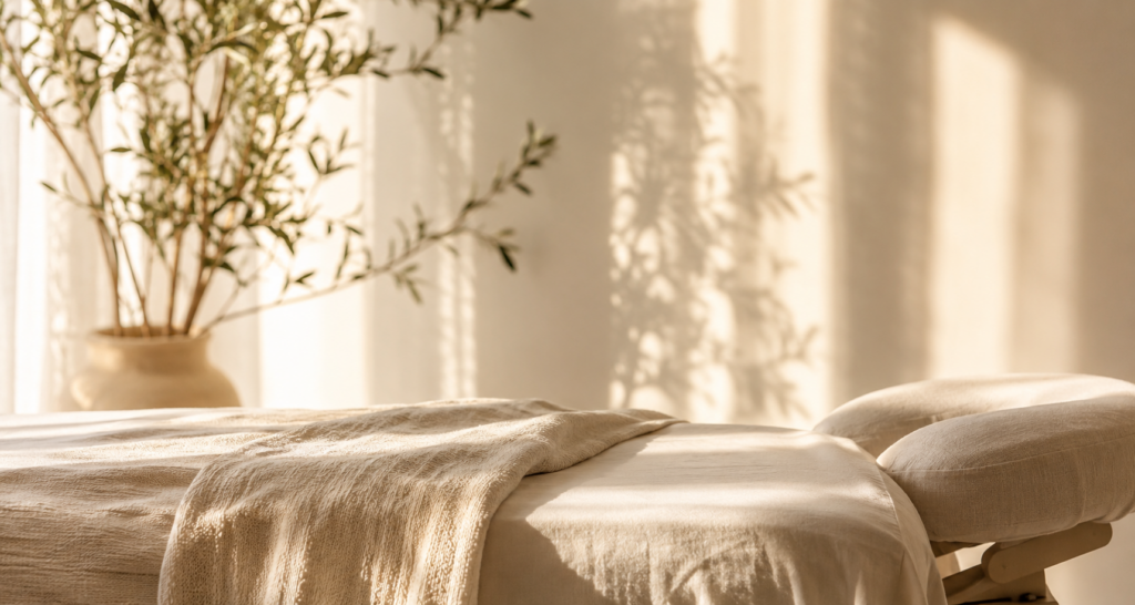 treatment space for restorative bodywork in Santa Barbara with warm neutral linens, calming atmosphere, and nervous system-focused wellness setting.